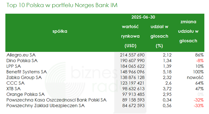 Top 10 Polska w portfelu Norges Bank IM